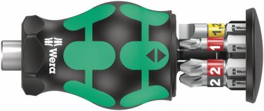 Короткая рукоятка-битодержатель с битами, WERA Kraftform Kompakt Stubby Magazin 2 магнит, 6 пр.,WE-008874