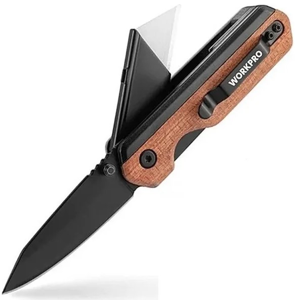 Нож складной комбинированный "WORKPRO" с двумя видами лезвий и деревянной рукояткой WP211015 в Екатеринбурге 