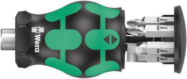 Короткая рукоятка-битодержатель с битами, WERA Kraftform Kompakt Stubby Magazin 5  магнит, 6 пр., SL 1.0x5 WE-008878