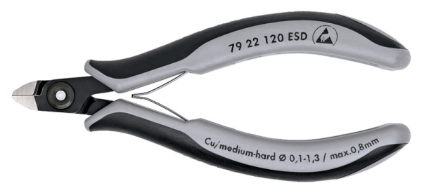 Бокорезы KNIPEX прецизионные ESD, маленькая головка, без фаски, рез: провол. мягк. d 0.1 - 1.3 мм, ср. d 0.8 мм, L-120 мм, чёрн. KN-7922120ESD