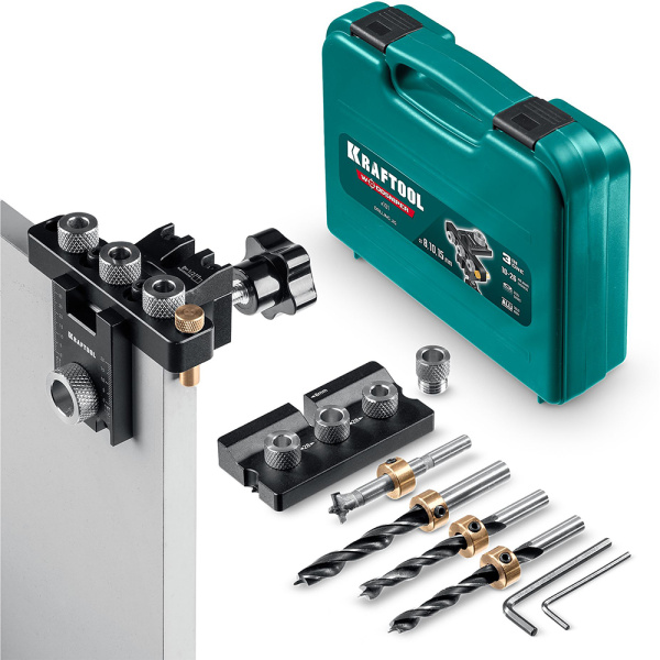 Кондуктор для эксцентриковых стяжек и шкантов KRAFTOOL Woodsniper 101, "3-в-1"  30072