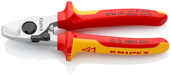 Кабелерез KNIPEX VDE, с пружиной, рез: кабель d 15 мм (50 кв. мм, AWG 1/0), 165 мм, диэлектрические KN-9526165SB