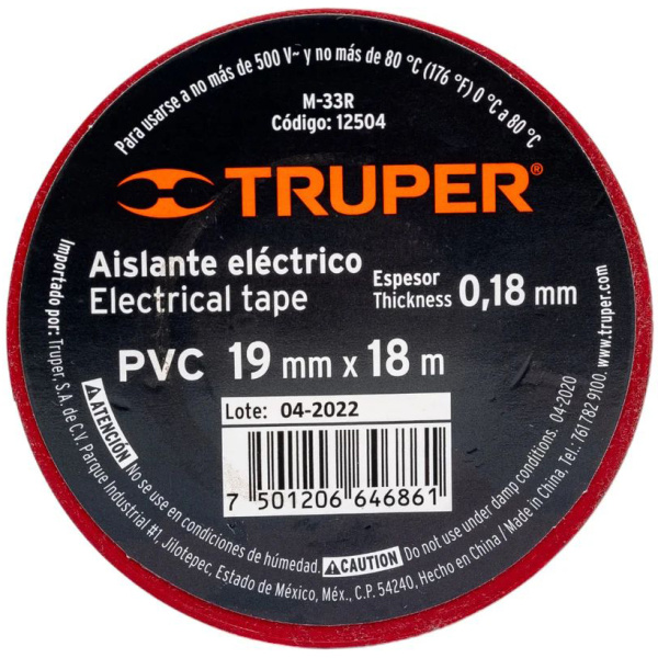 Изолента Truper акрил, 18м. ширина 19мм красная M-33R 12504 в Екатеринбурге