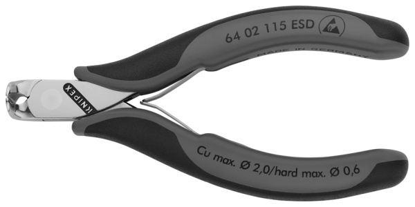 Кусачки KNIPEX торцевые ESD для электроники, маленькая фаска, с пружиной, рез проволоки: мягкая/средняя/твёрдая d 2/1/0.6 мм, 115 мм, 2К ручки KN-6402115ESD