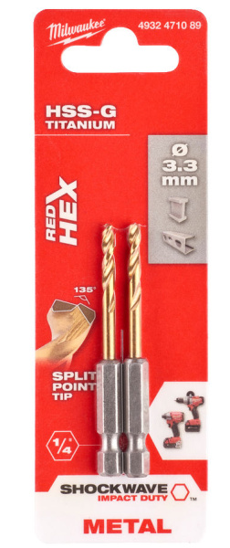 Сверло по металлу Milwaukee RedHEX HSS-G TiN. 3.3мм  (2шт)  4932471089