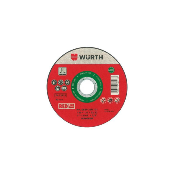 Диск отрезной по металлу и нержавейке "WURTH" Red Line 125х1,0х22,2мм.  00669230121