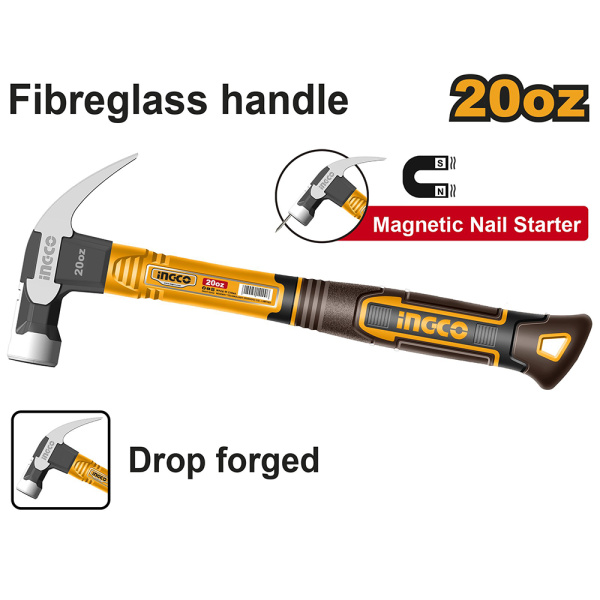 Молоток-гвоздодер с фиберглассовой рукояткой INGCO 560гр. HCH81020