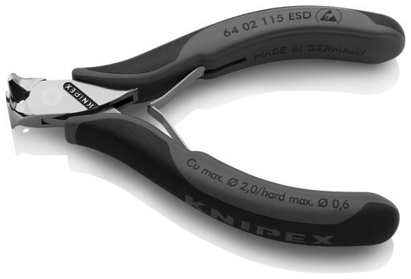 Кусачки KNIPEX торцевые ESD для электроники, маленькая фаска, с пружиной, рез проволоки: мягкая/средняя/твёрдая d 2/1/0.6 мм, 115 мм, 2К ручки KN-6402115ESD в Екатеринбурге 