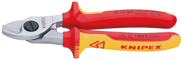 Кабелерез KNIPEX VDE, рез: кабель d 15 мм (50 кв. мм, AWG 1/0), 165 мм, диэлектрические, хромированны KN-9516165SB