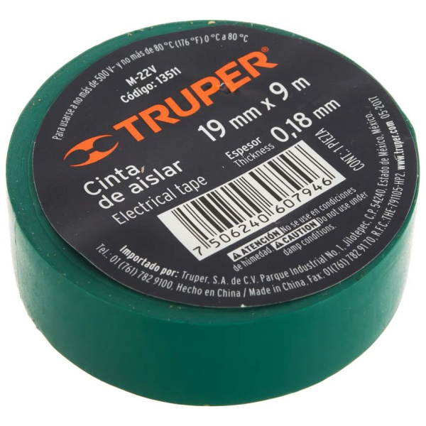 Изолента Truper акрил, 9м. ширина 19мм зеленая M-22V 13511 в Екатеринбурге