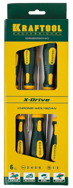 Набор отвертка "Kraftool" X-Drive. Cr-Mo-V 6пр.(PH1,2,SL3,4,5,6) 250081-Н6 в Екатеринбурге 