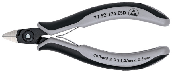 Бокорезы KNIPEX прецизионные ESD, острая головка, очень маленькая фаска, с зажимом, рез: провол. мягк. d 0.2 - 1.3 мм, ср. d 0.9 мм, тв. d 0.5 мм, L-125 мм, чёрн. KN-7952125ESD