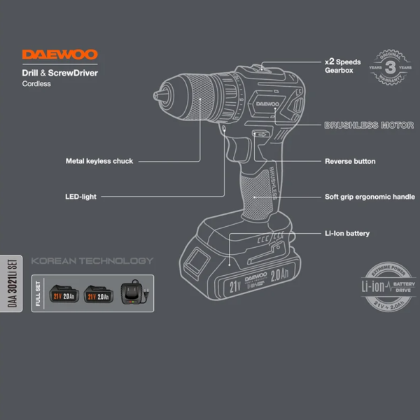 Дрель-шуруповерт аккумуляторная DAEWOO DAA 3021Li SET  в Екатеринбурге