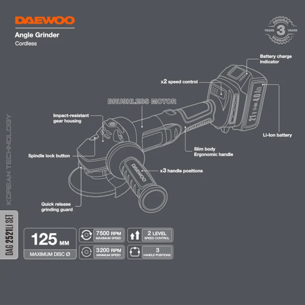 УШМ аккумуляторная DAEWOO  DAG 2521Li SET в Екатеринбурге