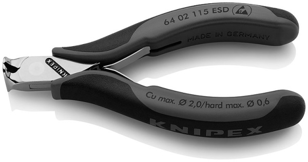 Кусачки KNIPEX торцевые ESD для электроники, маленькая фаска, с пружиной, рез проволоки: мягкая/средняя/твёрдая d 2/1/0.6 мм, 115 мм, 2К ручки KN-6402115ESD в Екатеринбурге 