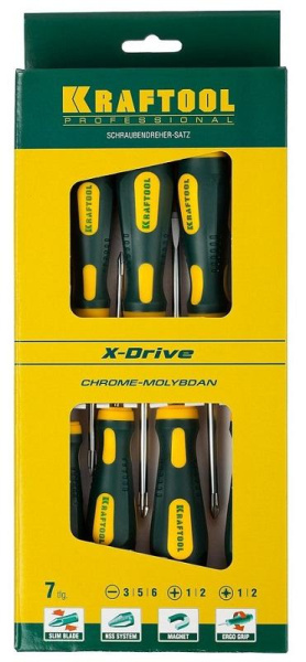 Набор отвертка "Kraftool" X-Drive. Cr-Mo-V 7пр.(PH1,2,PZ1,2,SL3,5,6) 250081-Н7 в Екатеринбурге 
