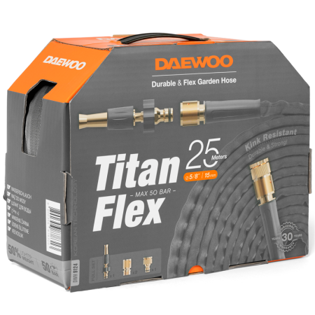 Шланг  DAEWOO TitanFlex гибридный, длина 25м, диаметр  5/8" 15мм, с комплектом для полива DWH 9124 в Екатеринбурге