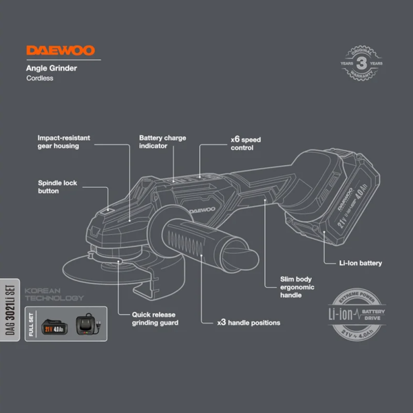 УШМ аккумуляторная DAEWOO DAG 3021Li SET в Екатеринбурге