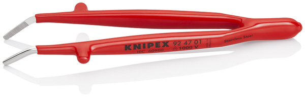 Пинцет KNIPEX универсальный, нержавеющая сталь, 142 мм, диэлектрический, зазубренные тупые губки под 30°, ширина наконечников: 3 мм KN-924701