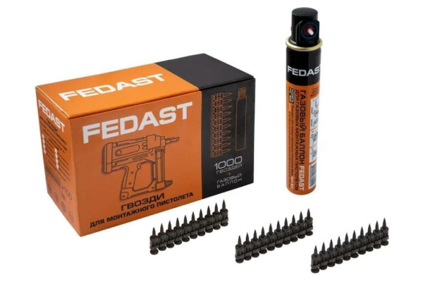 Гвозди для монтажного пистолета кованые Fedast 2.7*19мм. 1000шт. с газовым баллоном 165мм. FD2719RBPFC