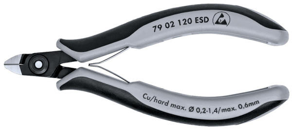 Бокорезы KNIPEX прецизионные ESD, маленькая головка, очень маленькая фаска, рез: провол. мягк. d 0.2 - 1.4 мм, ср. d 1 мм, тв. d 0.6 мм, L-120 мм, чёрн. KN-7902120ESD