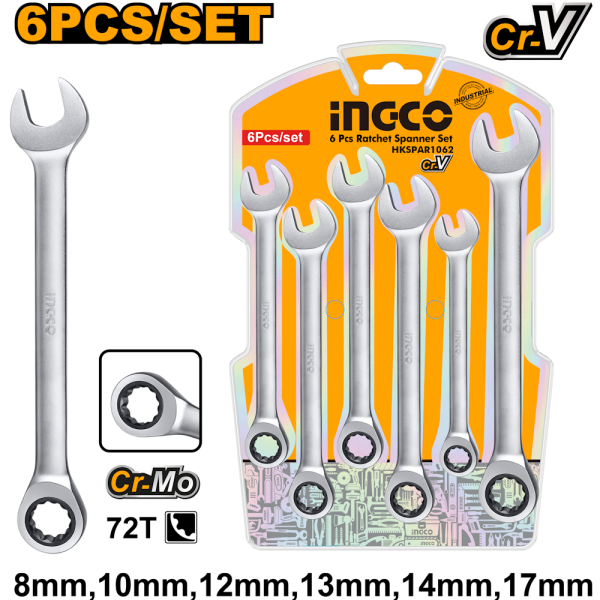 Набор гаечных ключей с храповиком INGCO 6 шт. HKSPAR1062 в Екатеринбурге 