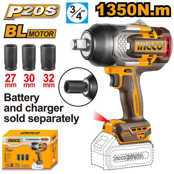 Аккумуляторный ударный гайковерт 20В Li-ion, б/щ 1350 Нм INGCO CIWLI201351 INDUSTRIAL в Екатеринбурге