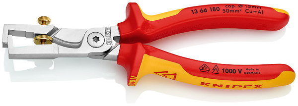  StriX стриппер-кабелерез KNIPEX 2-в-1 для одно/много/тонкожил. кабеля VDE, рез: кабель d 15 мм, зачистка KN-1366180SB
